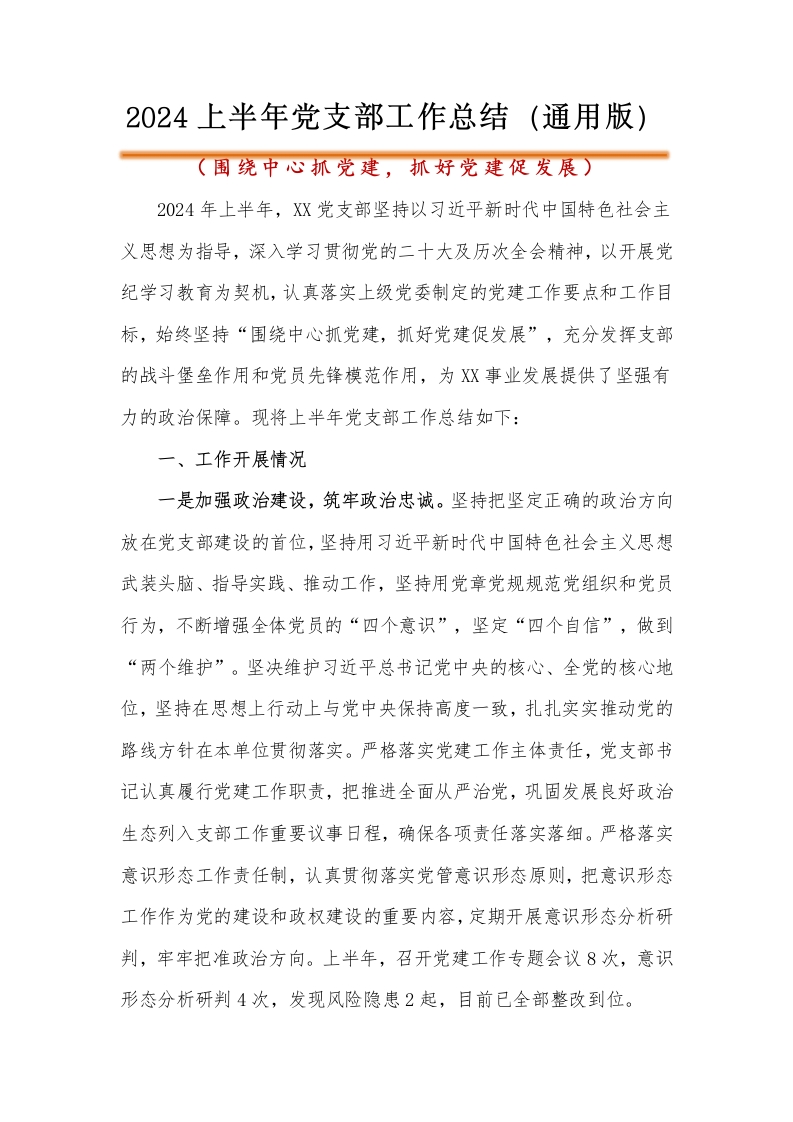 2024上半年党支部工作总结（通用版）