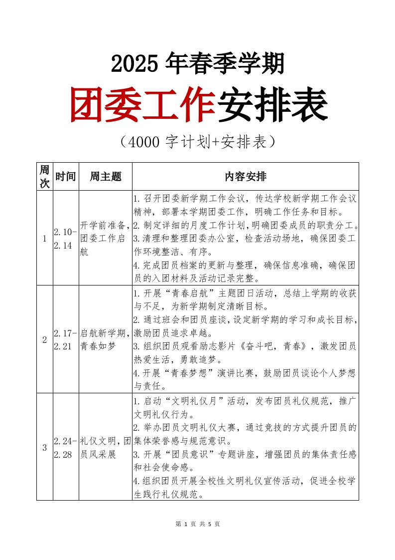 2025年团委工作安排表