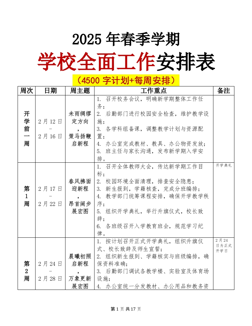 2025年春季学期学校工作安排