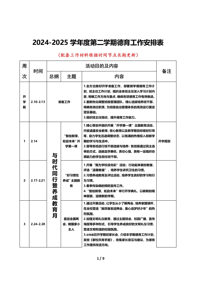 2025年春季学期学校德育工作计划安排表（完整版）