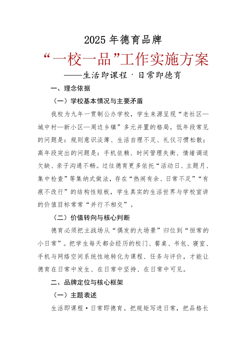 2025年秋季学期德育品牌