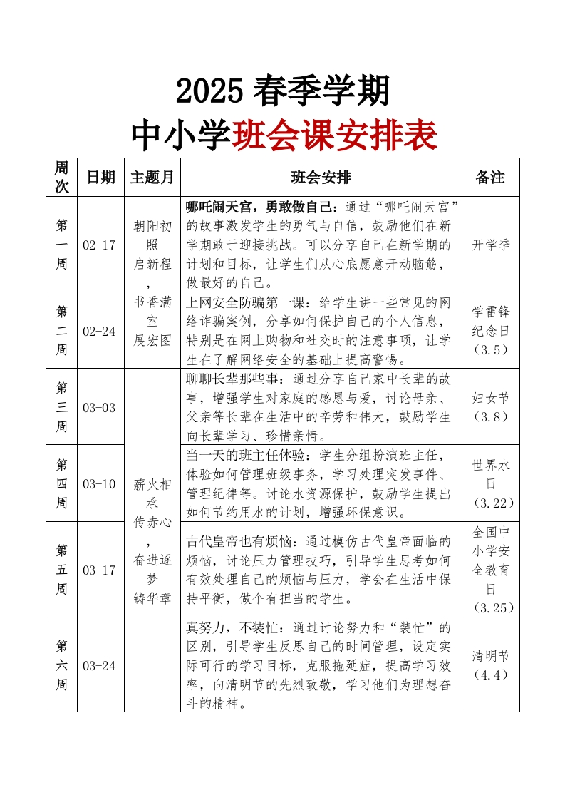 2025春季学期班会安排表