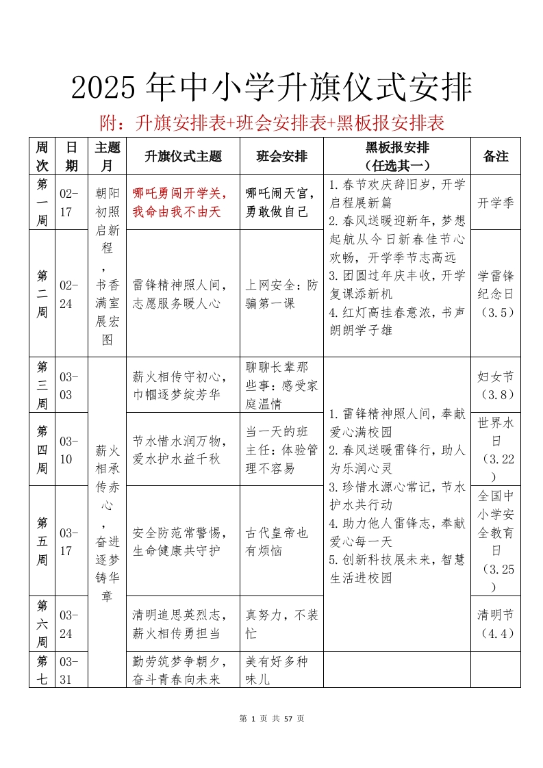 升旗安排表黑板报班会主持词