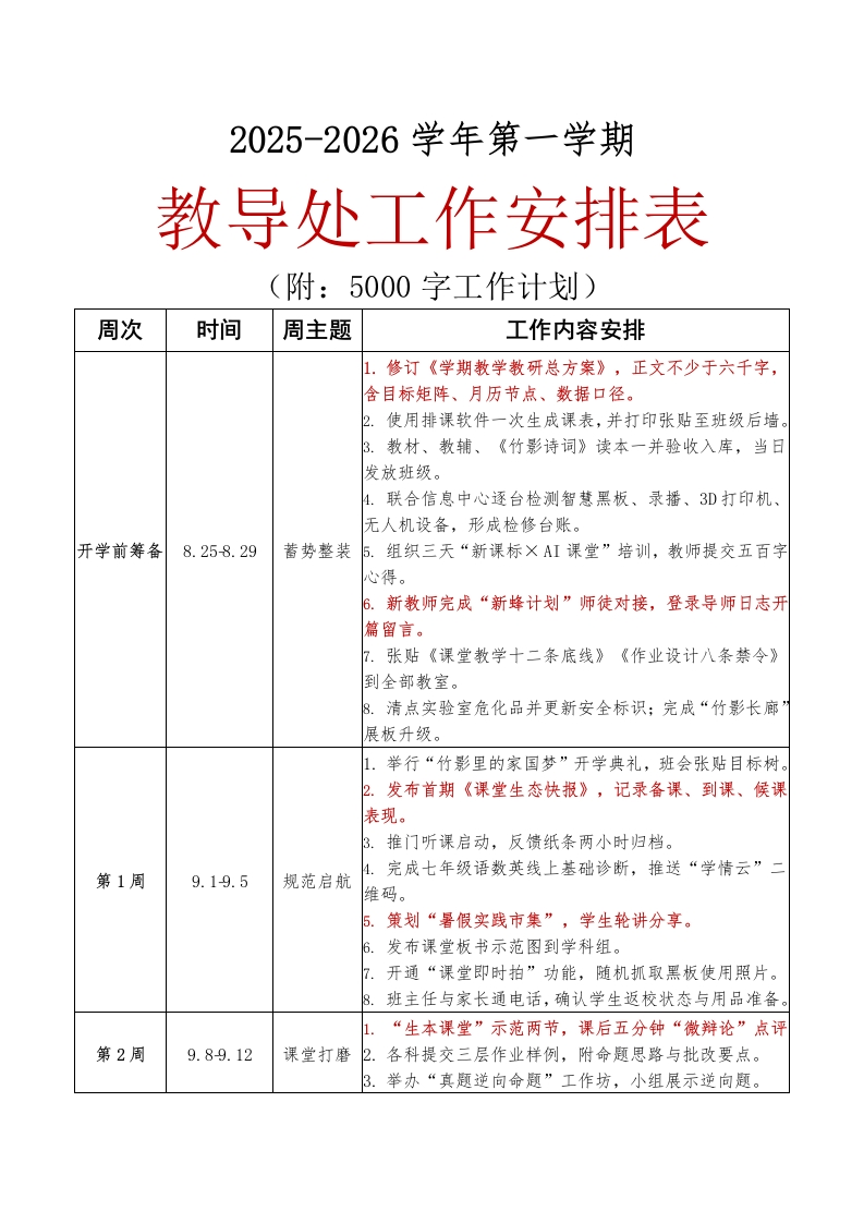 教导处工作计划安排表