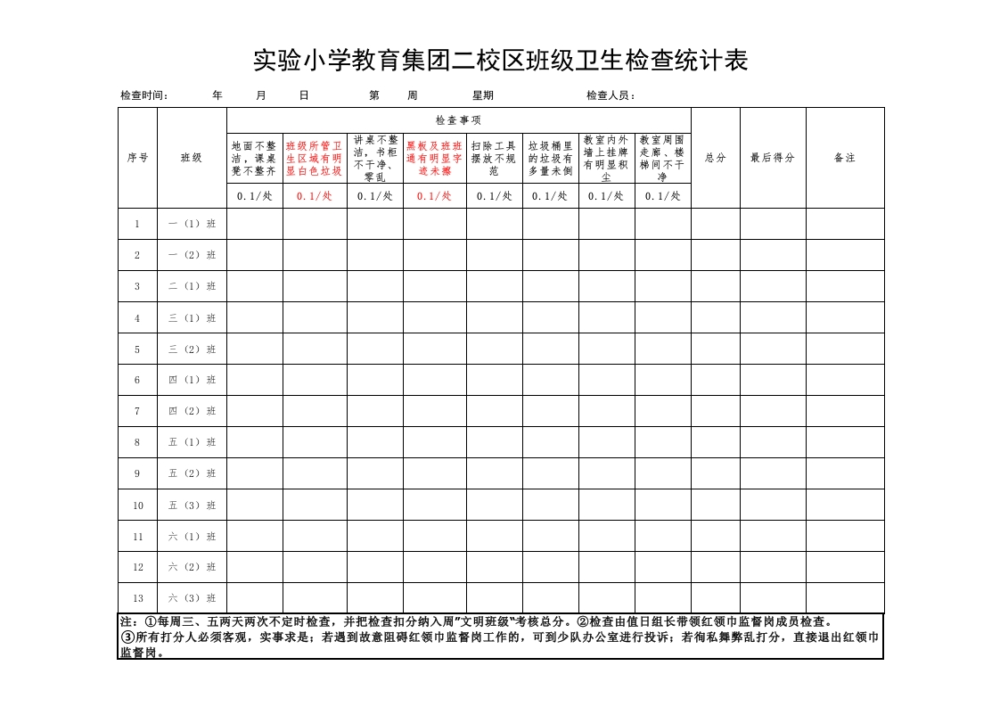 文明班级卫生检查统计表(每周打印)