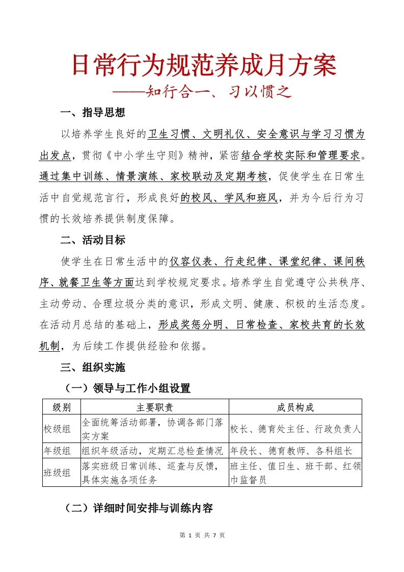 日常行为规范养成月方案