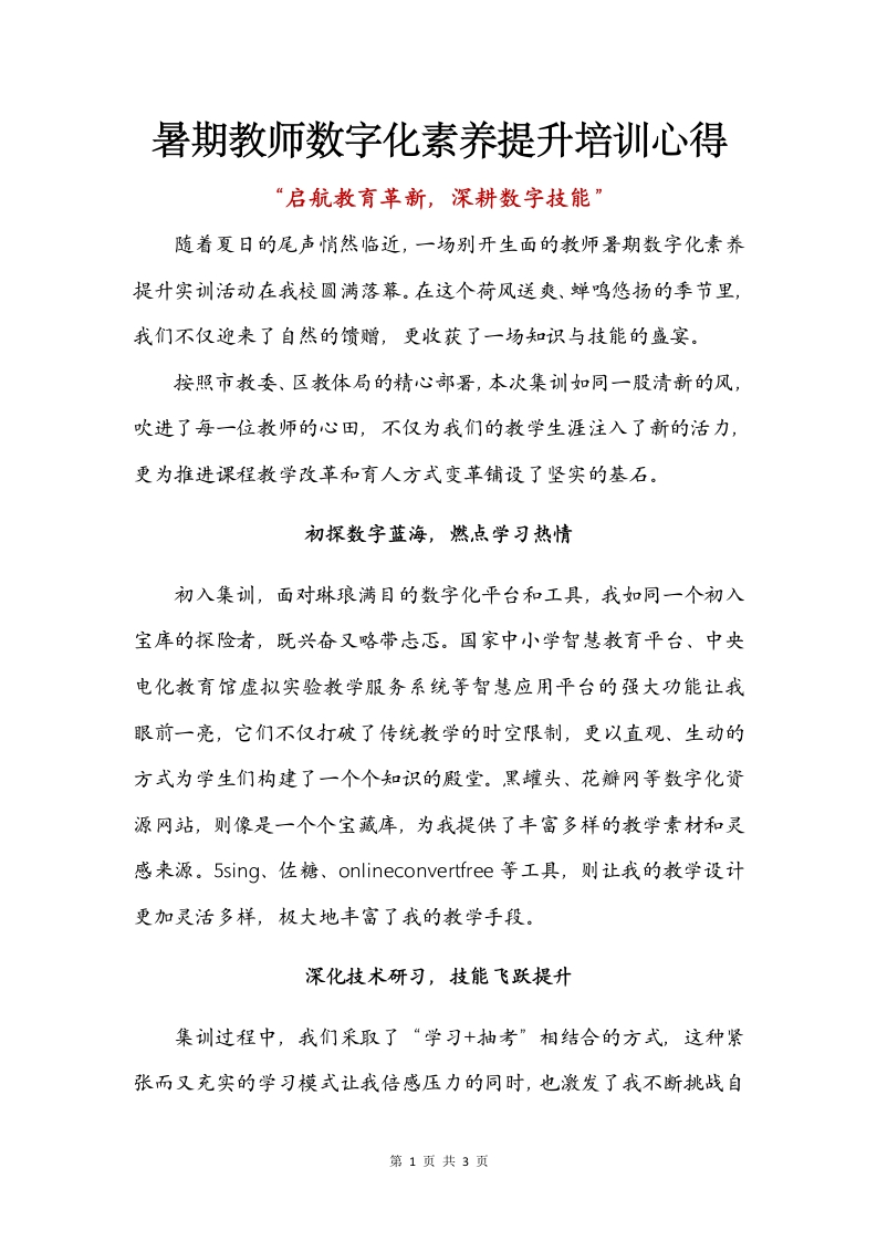 暑期教师数字化素养提升培训心得