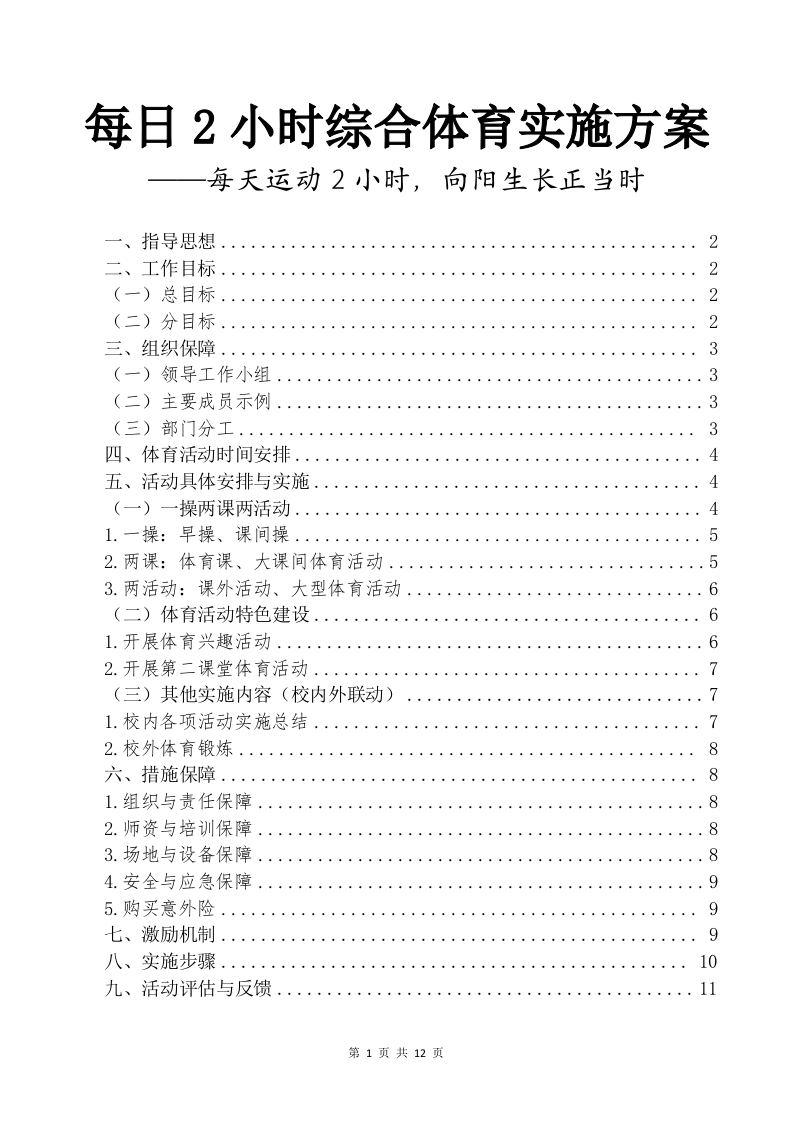 每日2小时综合体育实施方案